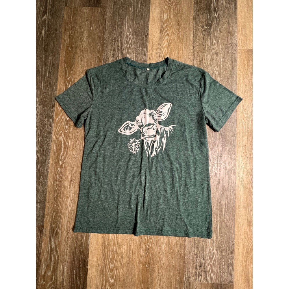 Unbranded Cow Graphic T-Shirt Women Medium Green Short Sleeve Daisy Farmhouse